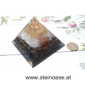 Orgonit Pyramide: Selenit & Schörl Turmalin & Herkimer Diamant